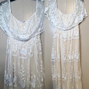 Baltic Born Ivory and white lace maxi off shoulder dress.